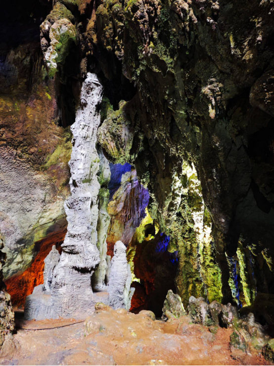 Stalactite and stalagmite formations inside Zhijin Cave