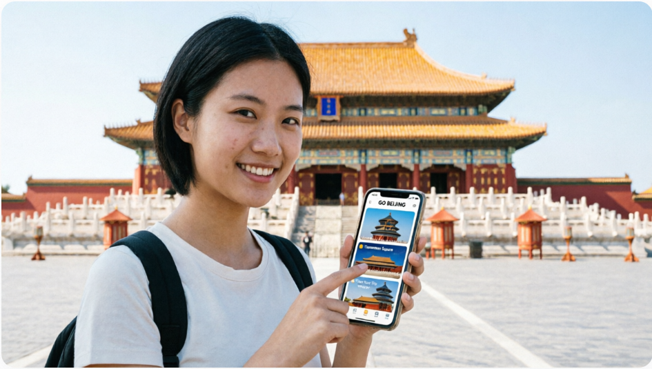A happy foreign tourist navigating a popular Chinese tourist attraction using a smartphone and official WeChat mini-program.