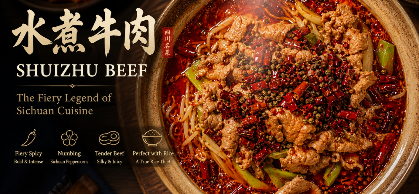 Shuizhu Beef (水煮牛肉), a famous Sichuan spicy beef dish with tender beef slices, dried chilies, and Sichuan peppercorns in rich chili oil