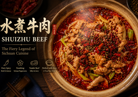 Shuizhu Beef (水煮牛肉), a famous Sichuan spicy beef dish with tender beef slices, dried chilies, and Sichuan peppercorns in rich chili oil