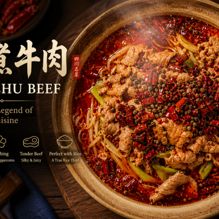 Shuizhu Beef (水煮牛肉), a famous Sichuan spicy beef dish with tender beef slices, dried chilies, and Sichuan peppercorns in rich chili oil