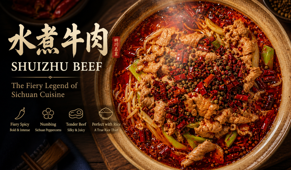 Shuizhu Beef (水煮牛肉), a famous Sichuan spicy beef dish with tender beef slices, dried chilies, and Sichuan peppercorns in rich chili oil