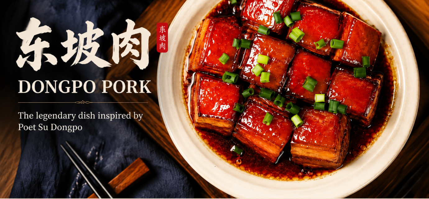 Dongpo Pork, a famous Hangzhou traditional dish inspired by poet Su Dongpo, featuring slow-braised pork belly cooked with Shaoxing wine