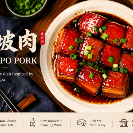 Dongpo Pork, a famous Hangzhou traditional dish inspired by poet Su Dongpo, featuring slow-braised pork belly cooked with Shaoxing wine