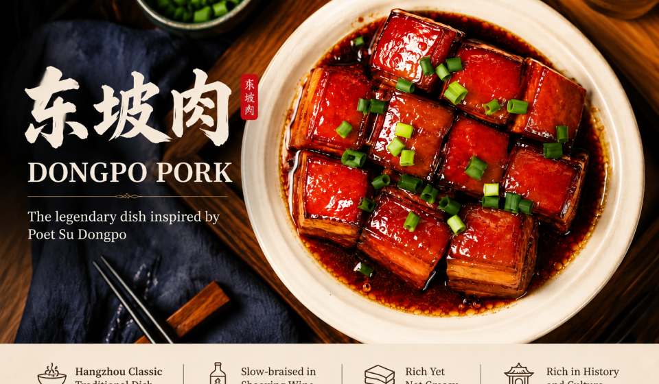 Dongpo Pork, a famous Hangzhou traditional dish inspired by poet Su Dongpo, featuring slow-braised pork belly cooked with Shaoxing wine