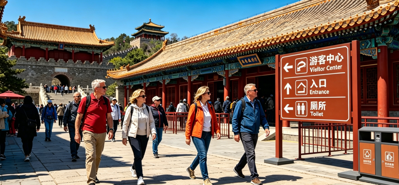 Realistic photo of bilingual Chinese and English directional signs at a popular China scenic spot, featuring international tourists reading Toilet, Entrance and Visitor Center signs, traditional Chinese architecture bright daytime travel scene