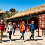 Realistic photo of bilingual Chinese and English directional signs at a popular China scenic spot, featuring international tourists reading Toilet, Entrance and Visitor Center signs, traditional Chinese architecture bright daytime travel scene