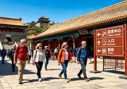 Realistic photo of bilingual Chinese and English directional signs at a popular China scenic spot, featuring international tourists reading Toilet, Entrance and Visitor Center signs, traditional Chinese architecture bright daytime travel scene