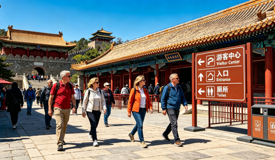 Realistic photo of bilingual Chinese and English directional signs at a popular China scenic spot, featuring international tourists reading Toilet, Entrance and Visitor Center signs, traditional Chinese architecture bright daytime travel scene