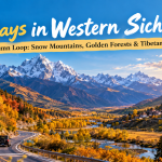 Autumn mountain road through golden forests and Tibetan villages in western Sichuan, China