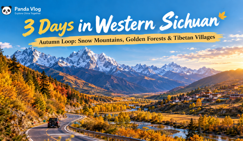 Autumn mountain road through golden forests and Tibetan villages in western Sichuan, China