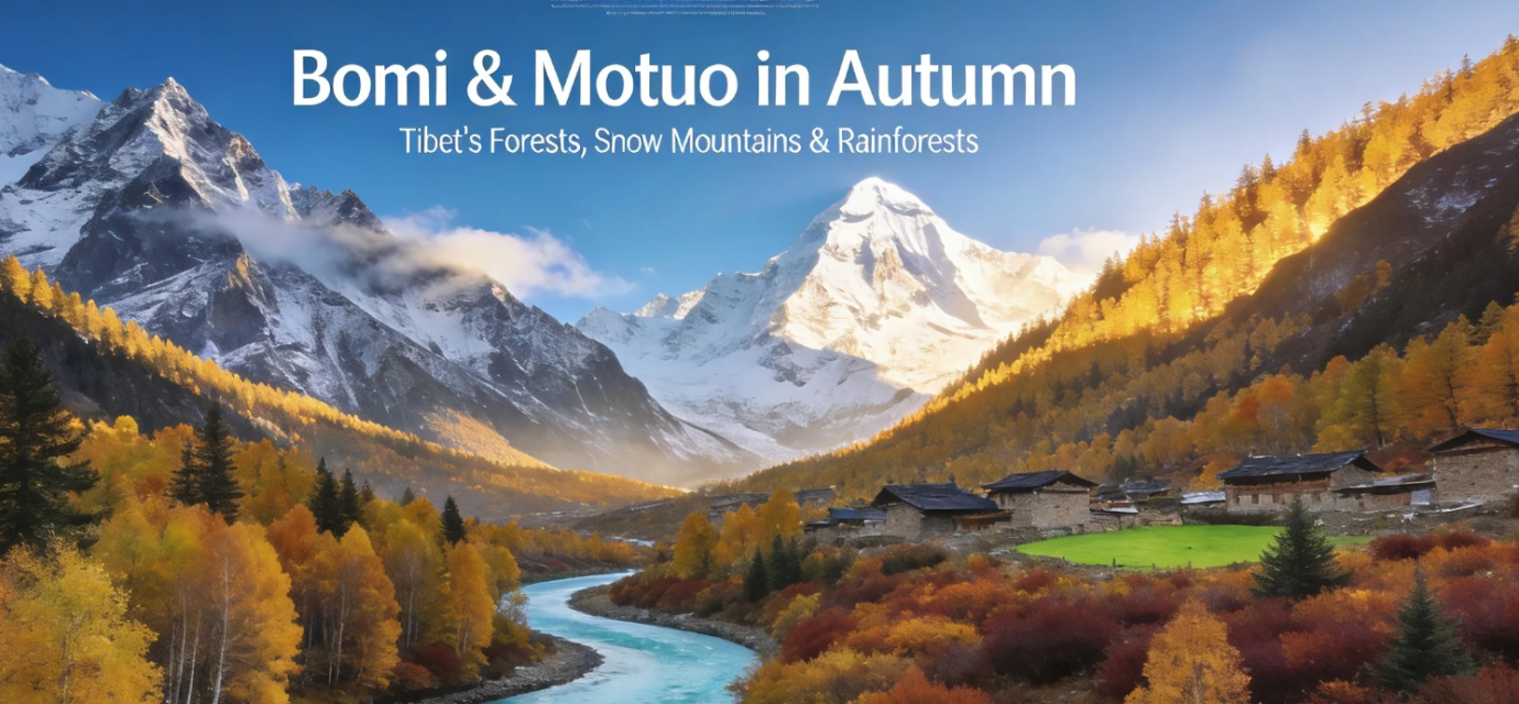 Autumn landscape in Bomi and Motuo, Tibet, with colorful forests, snow mountains and a river valley