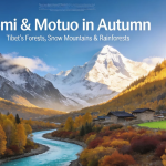 Autumn landscape in Bomi and Motuo, Tibet, with colorful forests, snow mountains and a river valley