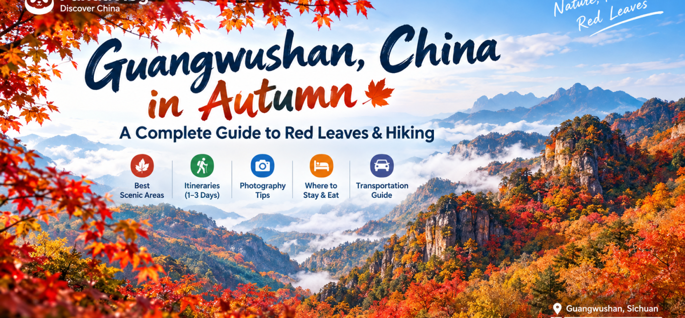 Autumn red and golden forests covering the mountains of Guangwushan in Sichuan, China