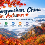 Autumn red and golden forests covering the mountains of Guangwushan in Sichuan, China