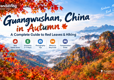 Autumn red and golden forests covering the mountains of Guangwushan in Sichuan, China
