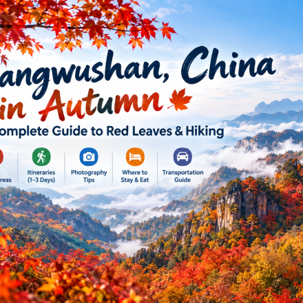 Autumn red and golden forests covering the mountains of Guangwushan in Sichuan, China