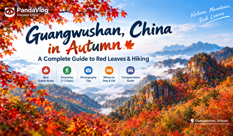 Autumn red and golden forests covering the mountains of Guangwushan in Sichuan, China