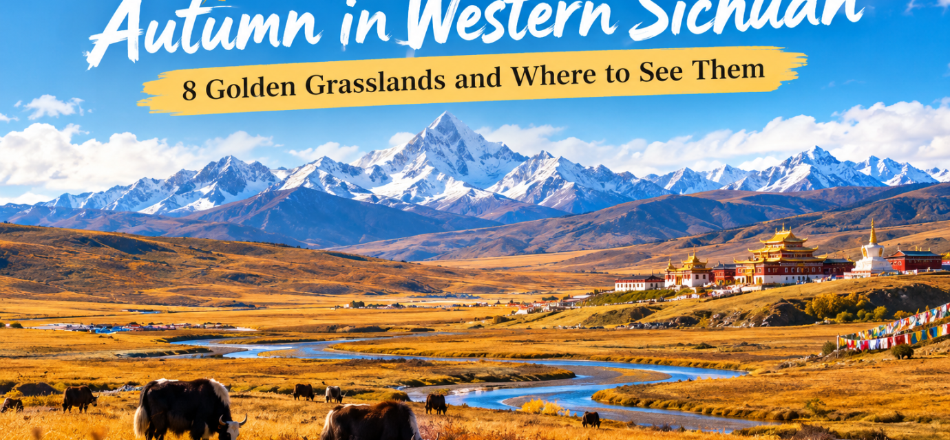 Golden autumn grasslands with snow mountains and Tibetan scenery in western Sichuan, China