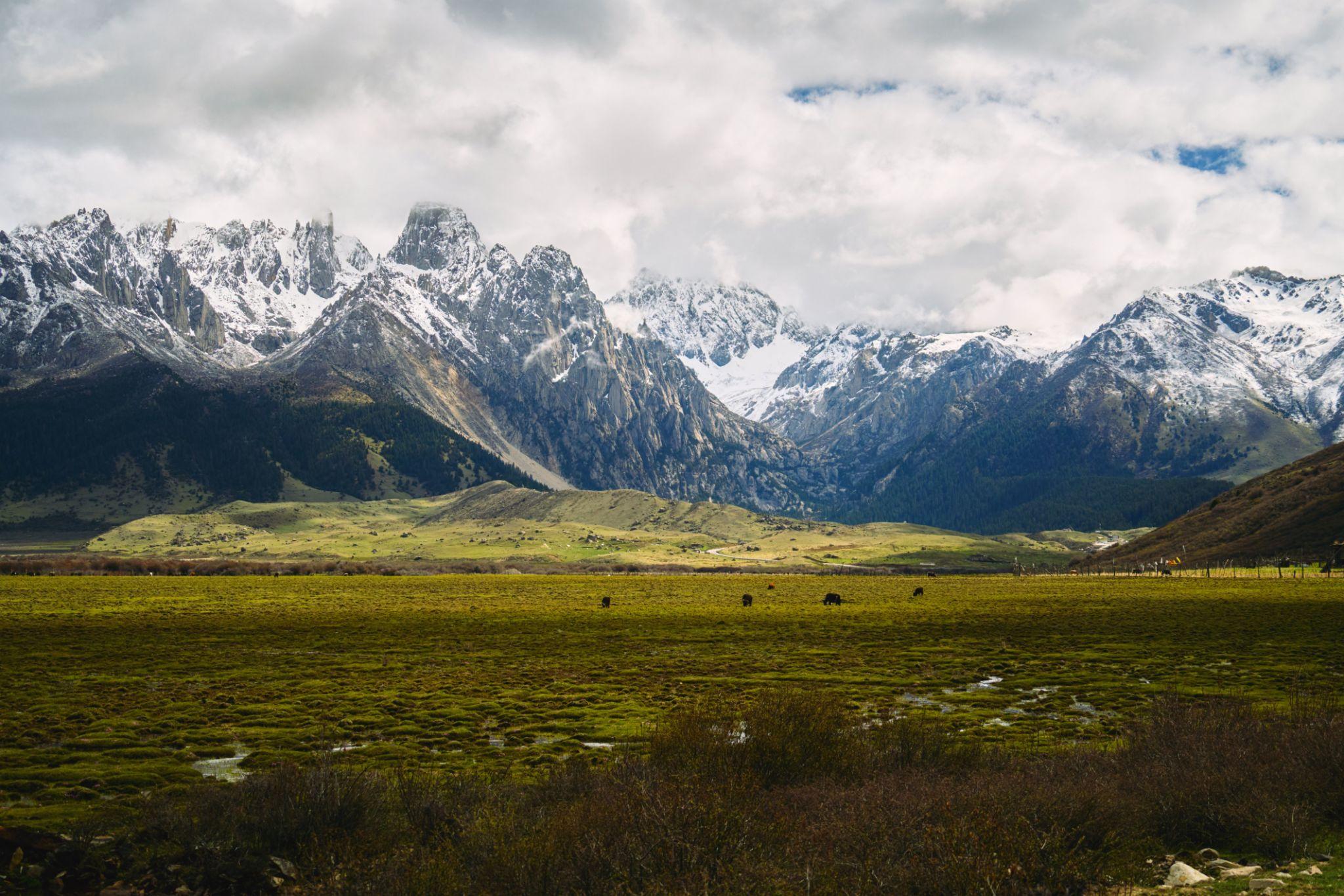 Zhangde Grassland and Mount Jarjinjabo, Batang, Garze, Sichuan under a cloudy sky